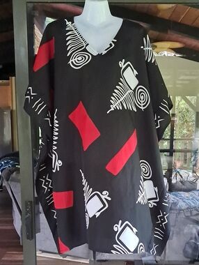 Black Kaftan with Bold Red & White Geometric Print